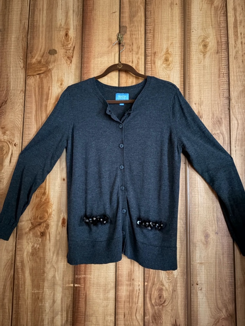 Vera Wang button down cardigan sweater with sequin and rhinestone pocket detail